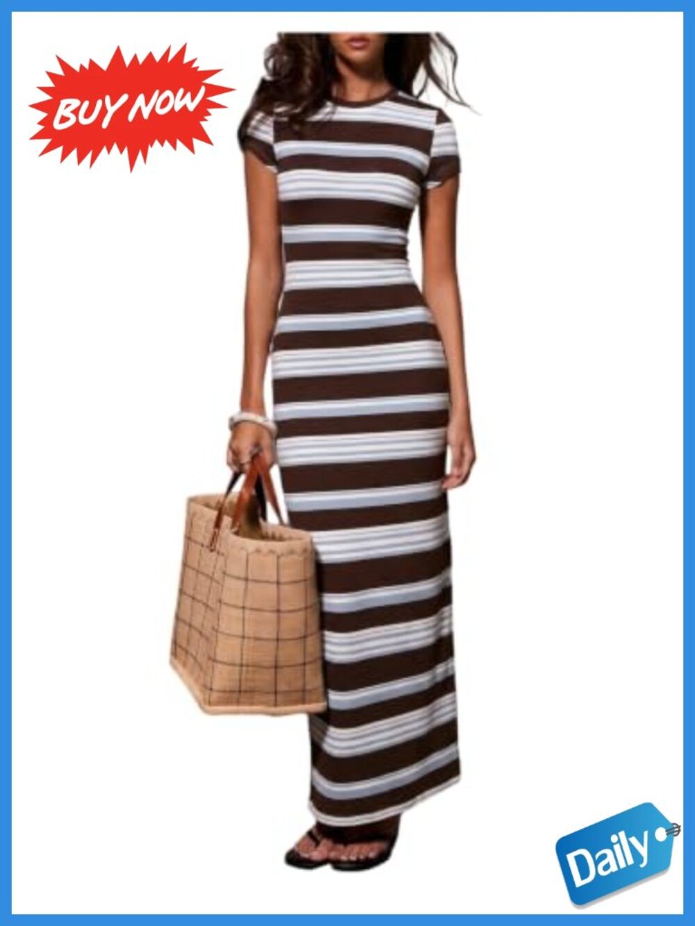 Striped Bodycon Short Sleeve Long Dress Casual Summer Vacation Outfit